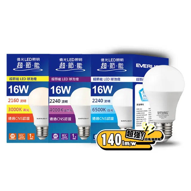 【Everlight 億光】6入組 16W 超節能高效環保LED燈泡(白光/黃光/自然光)