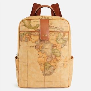 【Alviero Martini】義大利地圖包 旅行王者 經典地圖商務13吋筆電後背包35cm(地圖黃) 下單即送品牌鑰匙圈