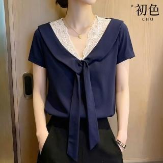 【初色】法式拼接雪紡蕾絲系帶修身娃娃領短袖T恤上衣女上衣-深藍色-50691(M-3XL可選)