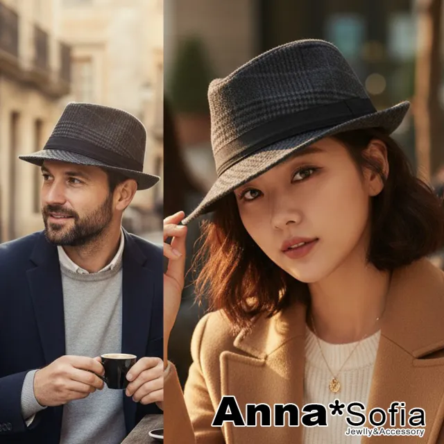 【AnnaSofia】紳士帽爵士帽禮帽-絨面經典格紋 現貨(墨灰系)