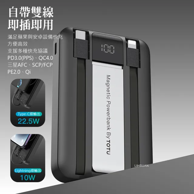 【TOTU】10000mAh 磁吸無線充電手機支架帶線快充行動電源 充手錶/耳機 MagSafe Wh標示/台灣BSMI/歐美CE/FCC