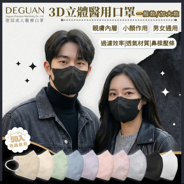 【Deguan】3D立體成人醫療口罩 X1盒(50入/盒 標準及加大尺寸 任意挑選)