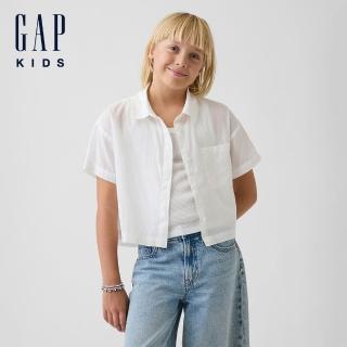 【GAP】童裝透膚寬鬆短版襯衫-新款米白(898086)