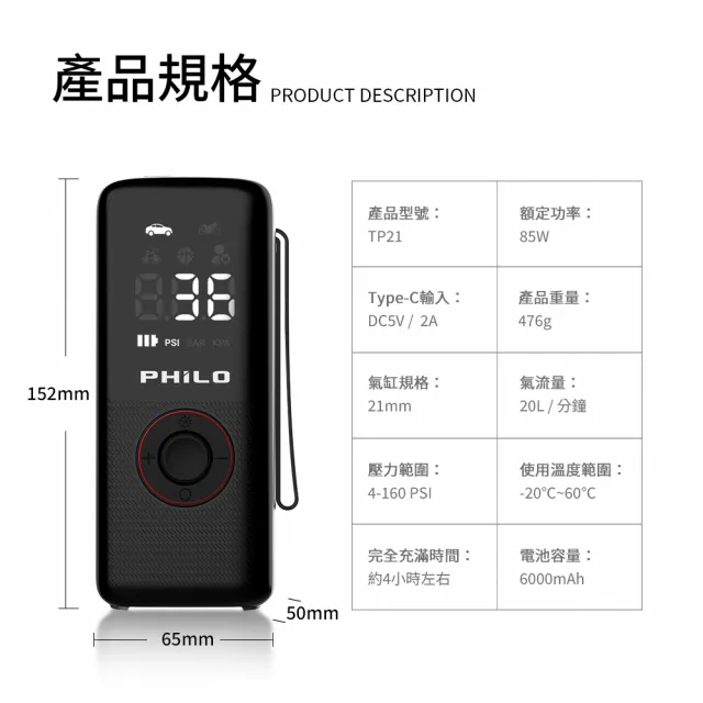 【Philo 飛樂】TP21 6000Mah 21mm大缸體 無線電動打氣機-氣嘴收納 機車打氣機/腳踏車充氣/輪胎補氣/籃球