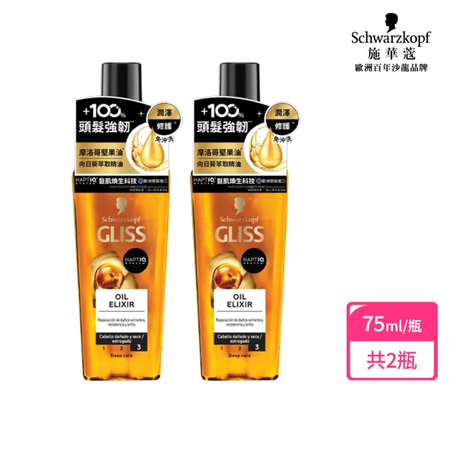 【Schwarzkopf 施華蔻】2入-Gliss髮肌煥生潤澤護髮油75ml(受損髮/摩洛哥堅果油使用)