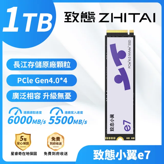 ZHITAI 致態】致態小翼e7 1TB M.2 2280 Gen4 PCIe 4.0 SSD固態硬碟讀