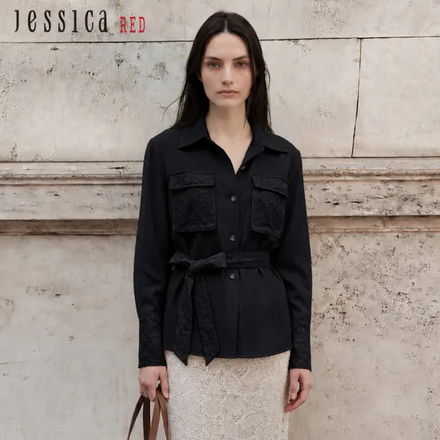 【Jessica Red】氣質百搭拼接蕾絲口袋長袖襯衫R62307(黑)