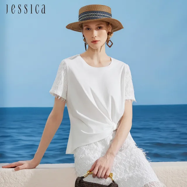 【JESSICA】設計感不規則圓領流蘇短袖T恤J63601