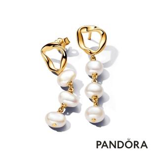 【Pandora 潘多拉】自然波紋圓圈配巴洛克淡水珍珠耳墜-飾品/情人節禮物/生日禮/鍍14k金