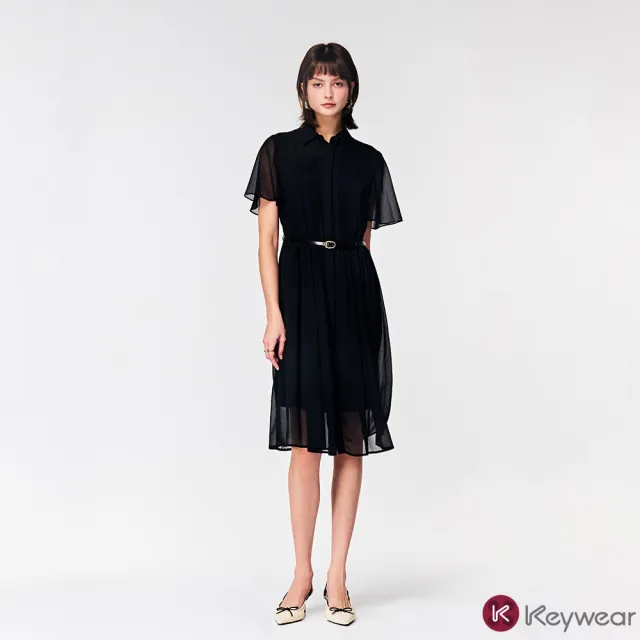 【KeyWear 奇威名品】壓褶雪紡短袖襯衫洋裝(共2色)