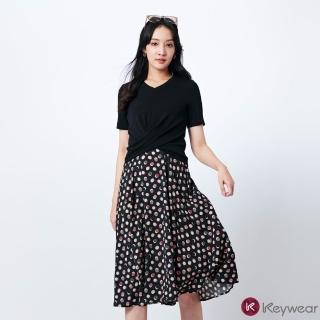 【KeyWear 奇威名品】假兩件V領日式短袖洋裝