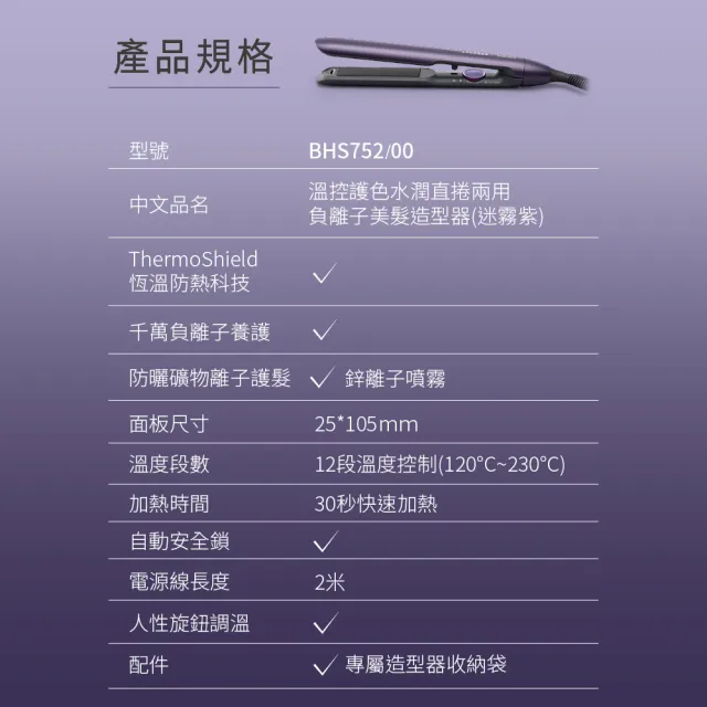 【Philips 飛利浦】BHS752 溫控直捲兩用造型器 (離子夾/國際電壓/負離子/官方直營)