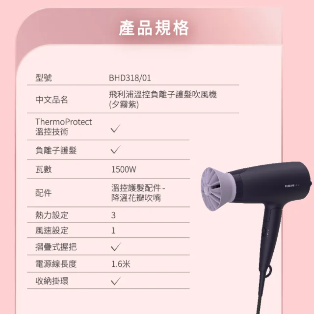 【Philips 飛利浦】BHD318 溫控負離子吹風機 (迷幻紫/1500W大風量/可摺疊/官方直營)