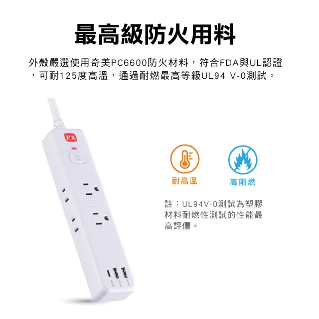 【PX 大通】台灣製造3年保固1開6插+2A1C Type C USB 防火防雷突波插座電源延長線1.2M米(POL-161P)