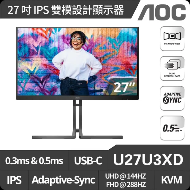 【AOC】U27U3XD 27型IPS UHD 16:9 144Hz 雙模螢幕(4ms/Adaptive-Sync/HDMI/DP/USB-C)