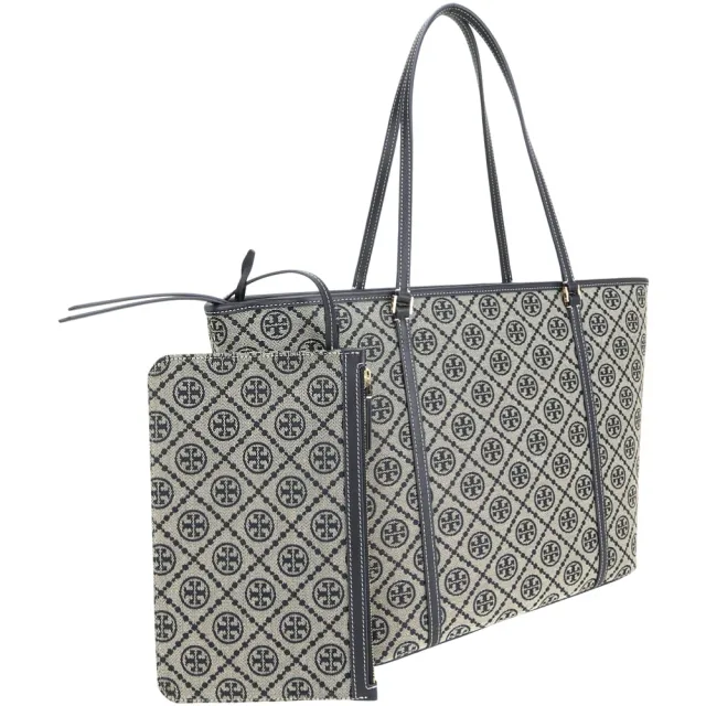 【TORY BURCH】T Monogram 緹花編織拼皮革拉鍊手提 肩背托特包 附萬用包-海軍藍