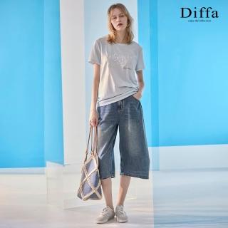 【Diffa】車褶刷色牛仔七分褲-女(丹寧)