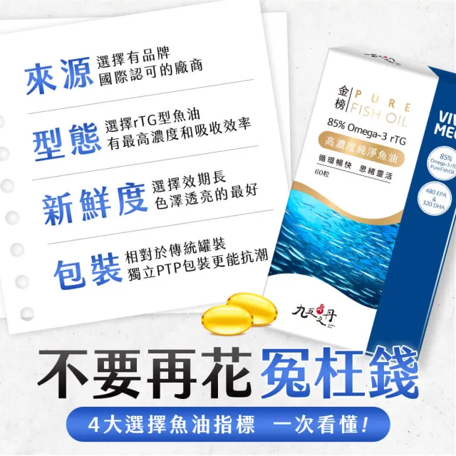 【JIU WU DAN 九五之丹】品質評鑑特金高濃度純淨魚油 1入組共60粒(OMEGA-3含量大於93%)