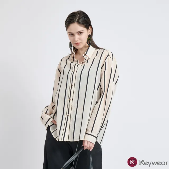 【KeyWear 奇威名品】直條紋長袖薄款襯衫外套罩衫