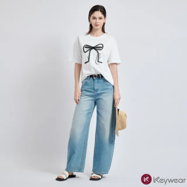 【KeyWear 奇威名品】顯瘦刷白高腰牛仔寬褲