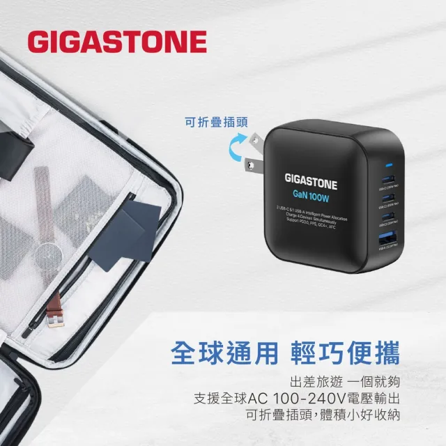 【Gigastone 立達國際】100W 氮化鎵四孔USB-C充電器+C to C 100W傳輸充電線(iPhone17/MacBook快充充電頭)