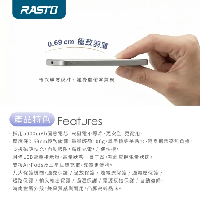 【RASTO】R-IPA078 零重感輕薄0.69cm磁吸固態行動電源(5000mAh/本體標示19.5Wh可帶上飛機)