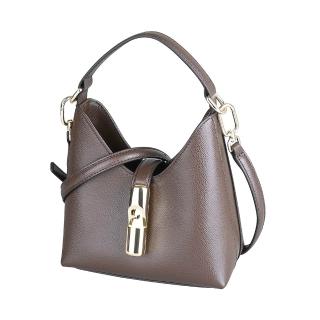 【FURLA 芙拉】FURLA Iride系列背面燙金LOGO小牛皮垂掛扣式手提/肩背/斜背梯形包(迷你/濃縮咖啡黑)