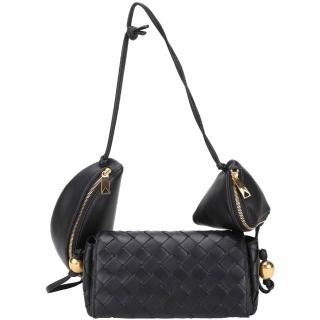 【BOTTEGA VENETA 寶緹嘉】BV Pouch On Strap 三合一小羊皮扭結繩編織翻蓋斜背包-黑色