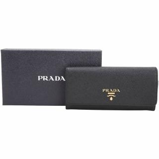 【PRADA 普拉達】Saffiano 浮刻字防刮牛皮10卡翻蓋釦式長夾-黑色