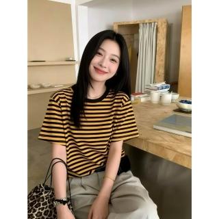 CHILL 美式復古撞色條紋短Tee 韓系穿搭 百搭短T 顯瘦上衣 撞色系列 工裝風 學院風