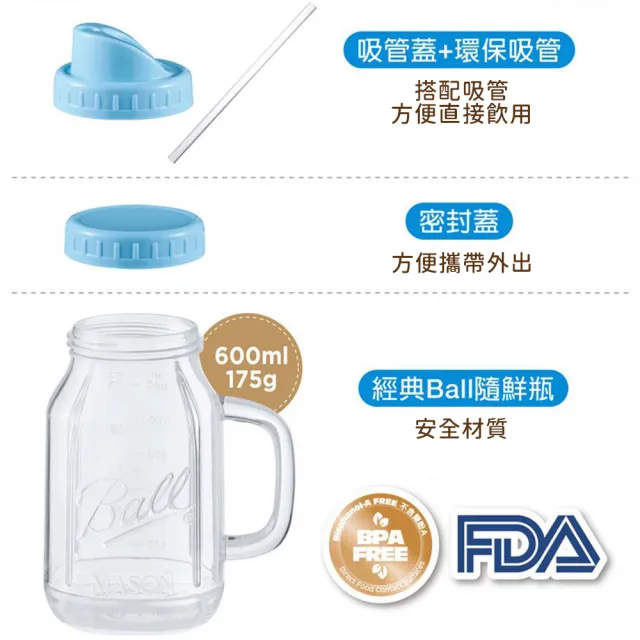 【Oster】Ball Mason Jar隨鮮瓶果汁機(曜石灰)