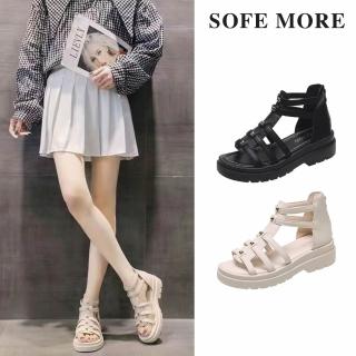 【SOFE MORE】羅馬涼鞋 後拉鍊 涼鞋 鉚釘設計 穩定 輕量 止滑 舒適 修飾身形 厚底 女鞋