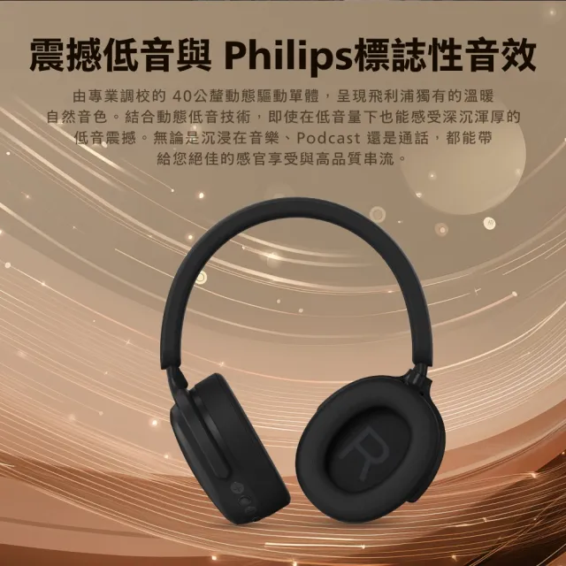 【Philips 飛利浦】AI mic 動態低音ANC降噪藍牙6.0耳罩耳機-TAH2500