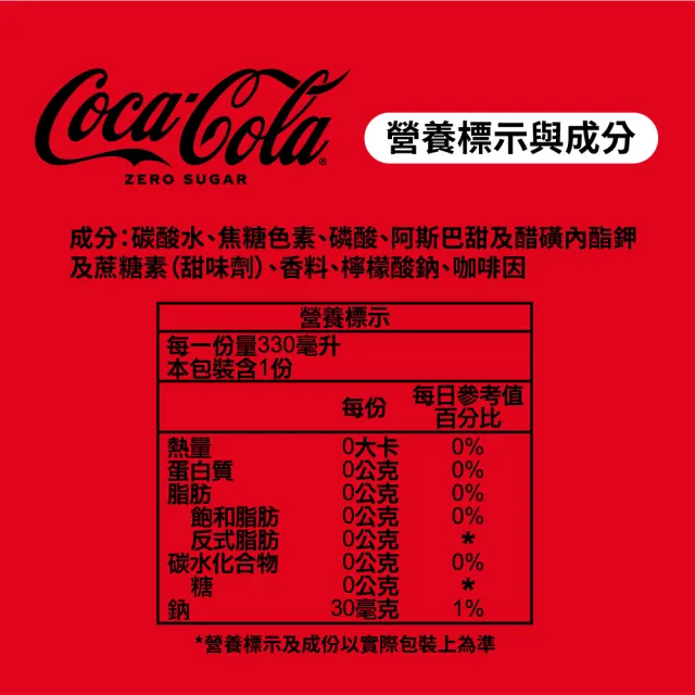 【可口可樂】無糖零卡易開罐330mlx24入/箱