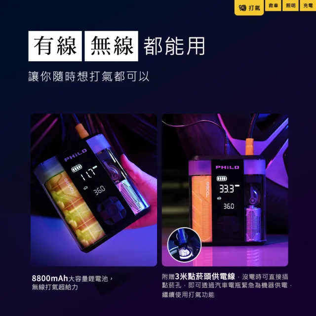 【Philo 飛樂】STP09二代 透明救車打氣多功能機8800mAh(救車行動電源/救車電源/車用打氣機/電動打氣機)