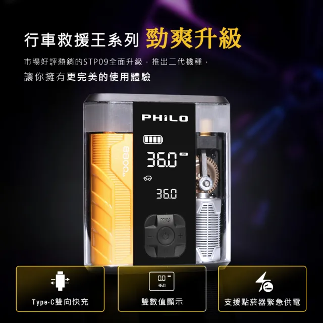 【Philo 飛樂】2入組 STP09 2代 透明救車打氣多功能機8800mAh(救車/無線/輪胎/打氣機/照明 / 充電)