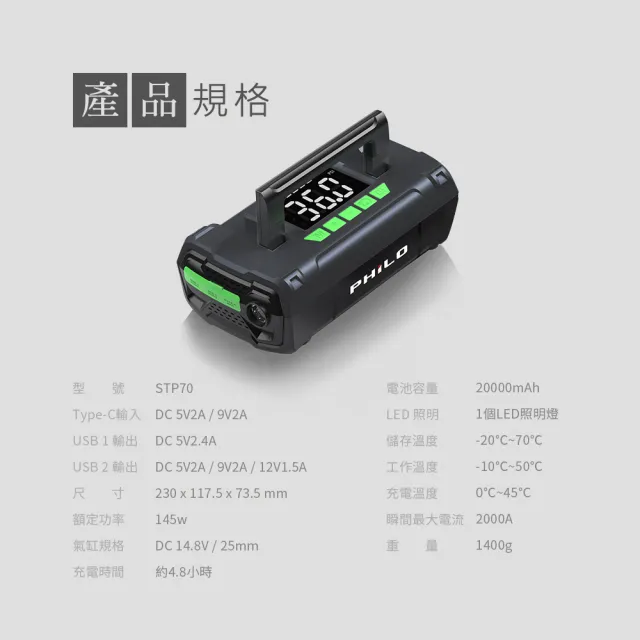 【Philo 飛樂】官方旗艦店 多功能汽車救援/打氣機 旗艦版STP70(救車電源/輪胎打氣/汽車打氣機)