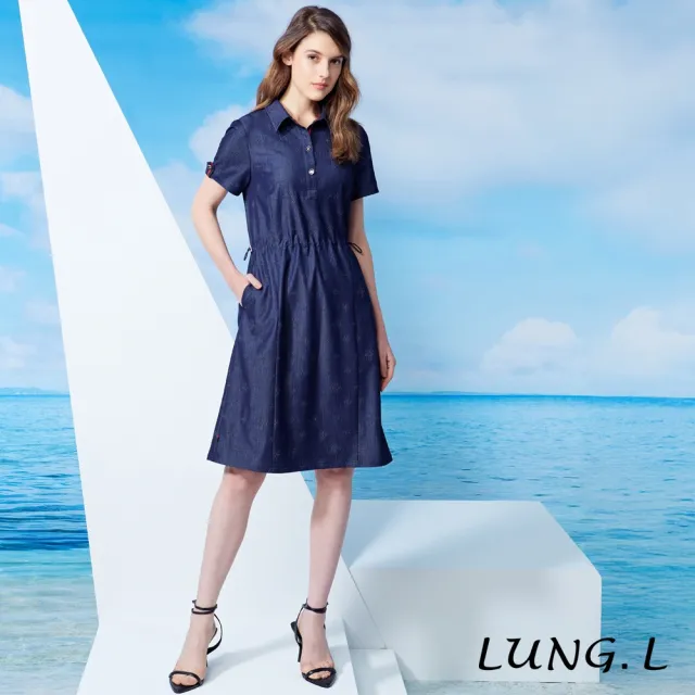 【LUNG.L 林佳樺】LW44H 深藍仿牛仔壓收腰短袖洋裝