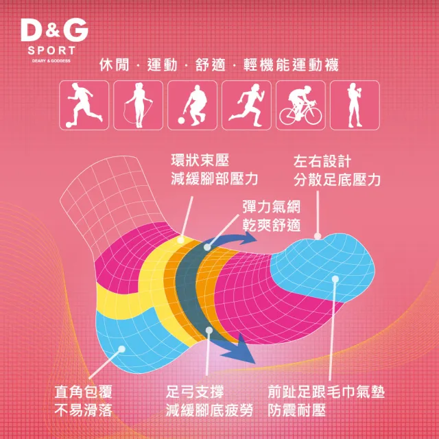 【D&G】6雙組-透氣避震足弓女襪(D401機能運動襪)