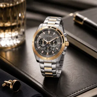 【CITIZEN 星辰】AN8204-59H 真三眼計時 灰黑面 雙色鋼帶 夜光 日期 不鏽鋼 手錶 44mm