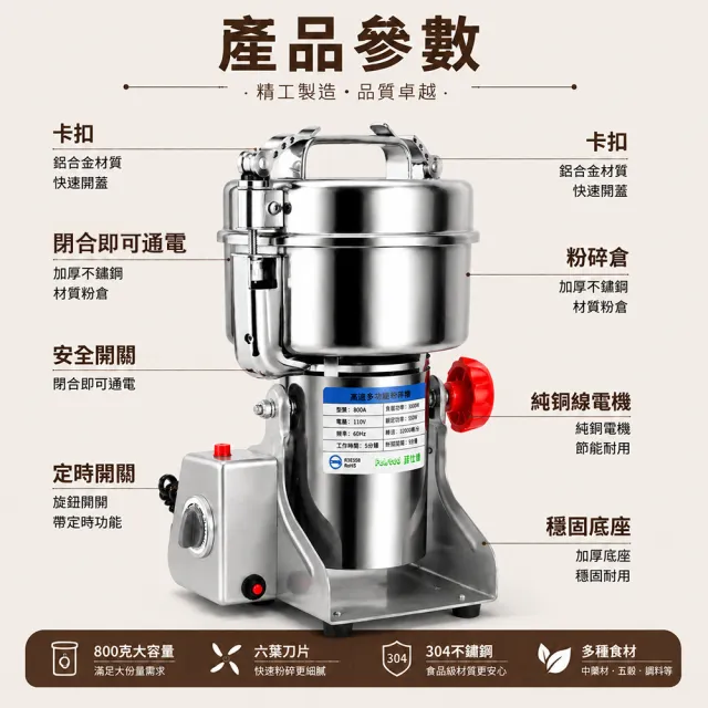 【Felsted 菲仕德】多功能磨粉機 中藥材打粉機 800克(三七直打粉 粉碎機 搖擺式打粉機 磨粉機 打粉機)