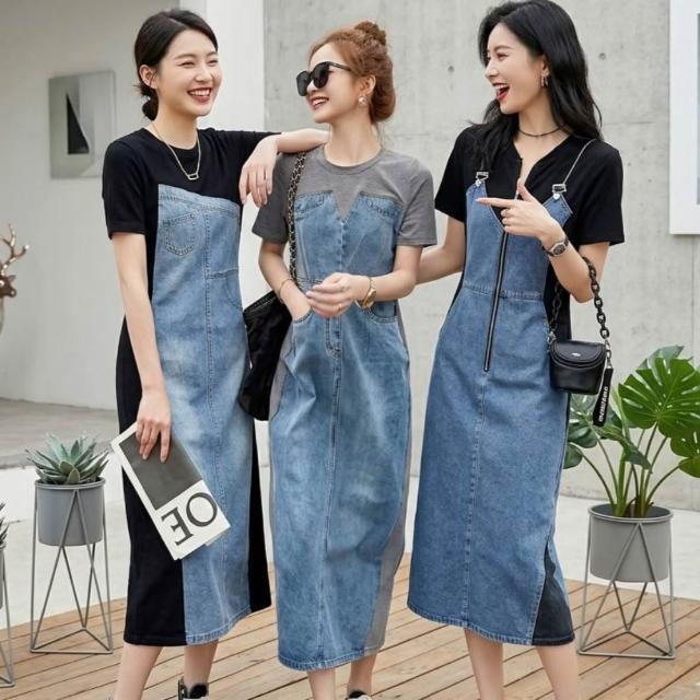 【米蘭精品】現貨出清 連身裙短袖洋裝(牛仔拼接收腰中長款女裙子4款74km53)