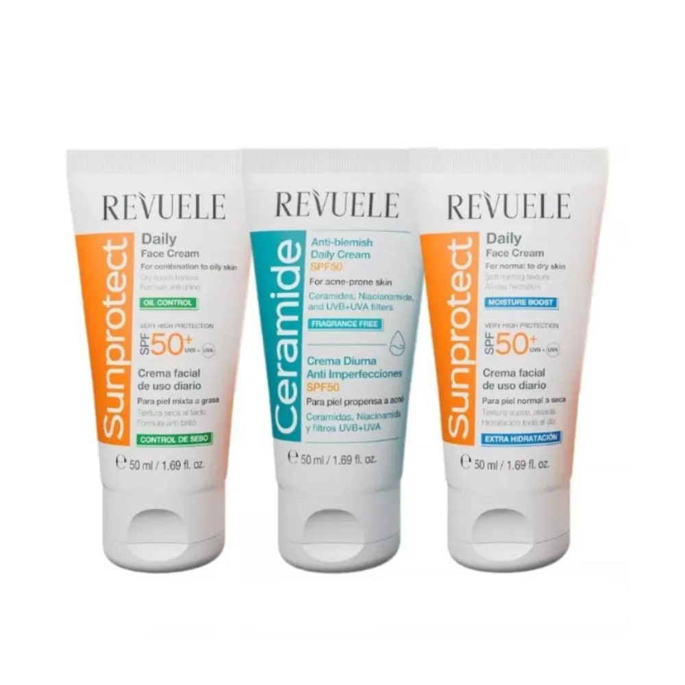 【REVUELE 瑞膚露】全日防曬乳SPF50+ 50ml-2入/3款任選(控油清爽/保濕輕透/神經醯胺淨瑕)