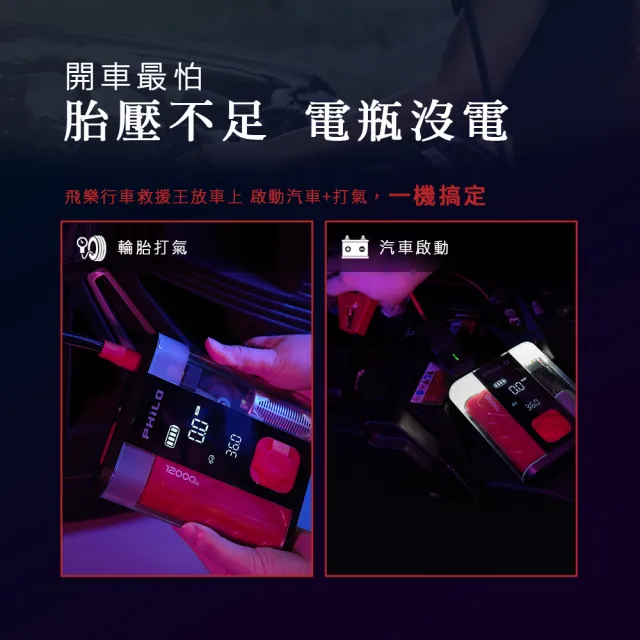 【Philo 飛樂】STP12PRO二代 12000Mah 救車啟動電源x自動打氣機 多功能機(救車電源/救車電霸/充電打氣機)