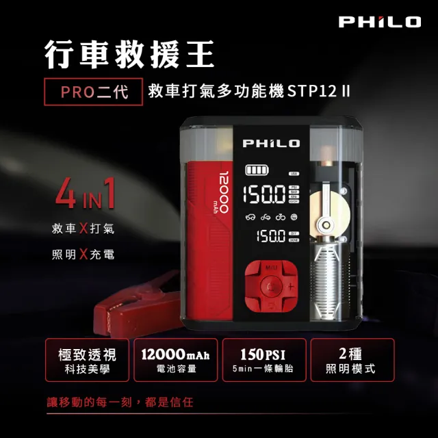 【Philo 飛樂】行車救援王 STP12PRO二代 12000mAh 救車打氣一體機/汽柴油救車/自動打氣機/救車行動電源