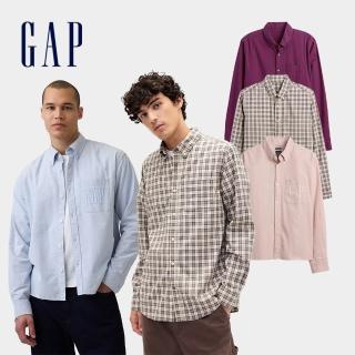 【GAP】男裝 直筒下擺翻領長袖襯衫-多款任選(868348&856653)