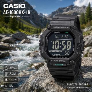 【CASIO 卡西歐】AE-1600HX-1B 運動 休閒 工作 堅固實用 100米防水數位電子錶(大型LCD面板 錶徑約4.97公分)
