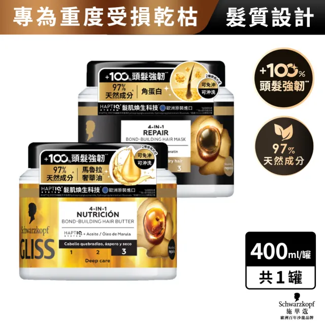 【Schwarzkopf 施華蔻】Gliss髮肌煥生護髮髮膜 全新升級400ml(精油深度滋養/蛋白深層修護)