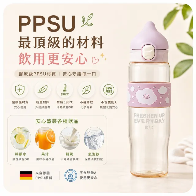 【IKUK艾可】2入組-德國材質PPSU兩用水壺830ml-附粗吸管水壺(吸管杯/直飲杯/環保杯/運動水壺/兩用水壺)