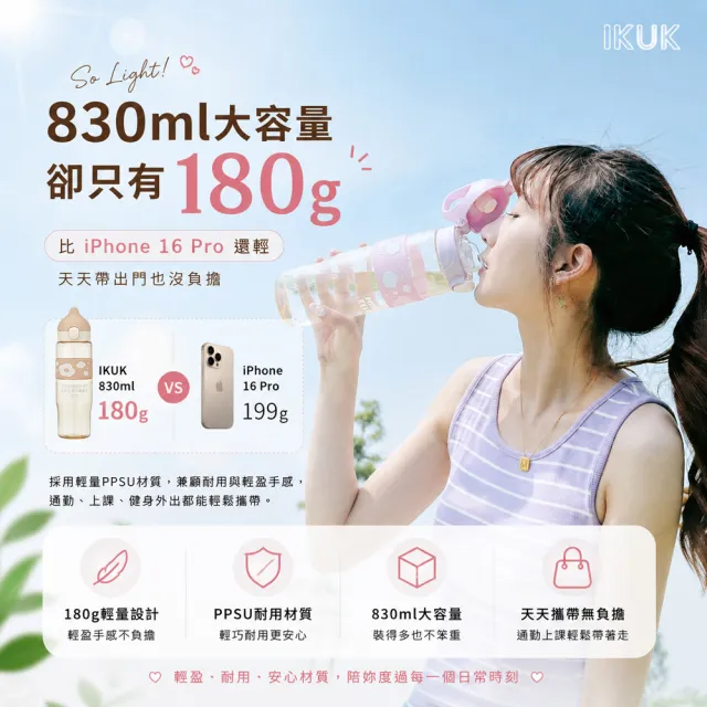 【IKUK艾可】2入組-德國材質PPSU兩用水壺830ml-附粗吸管水壺(吸管杯/直飲杯/環保杯/運動水壺/兩用水壺)